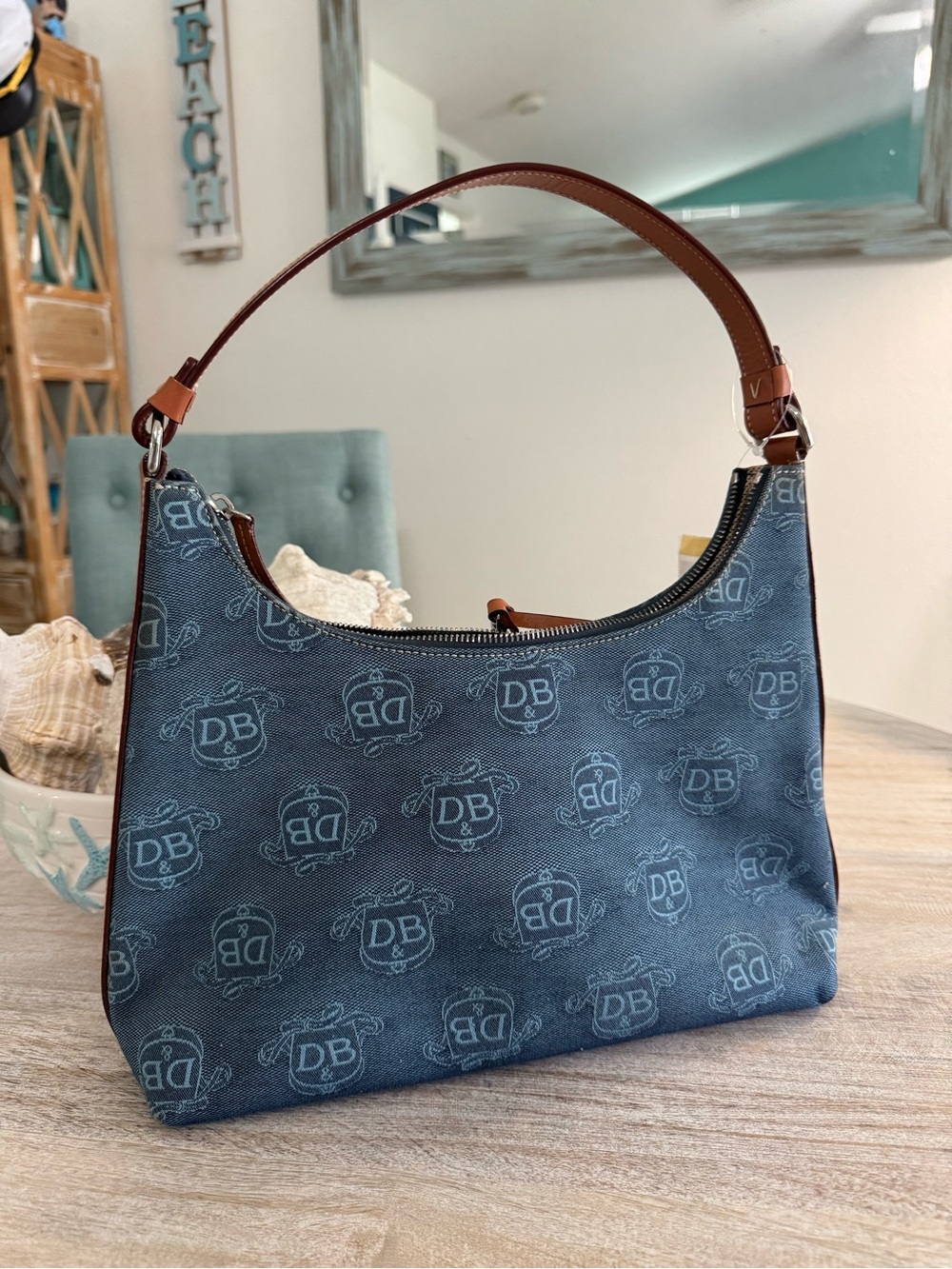Dooney & Bourke Navy Blue Logo Hobo Shoulder Bag with Brown Strap